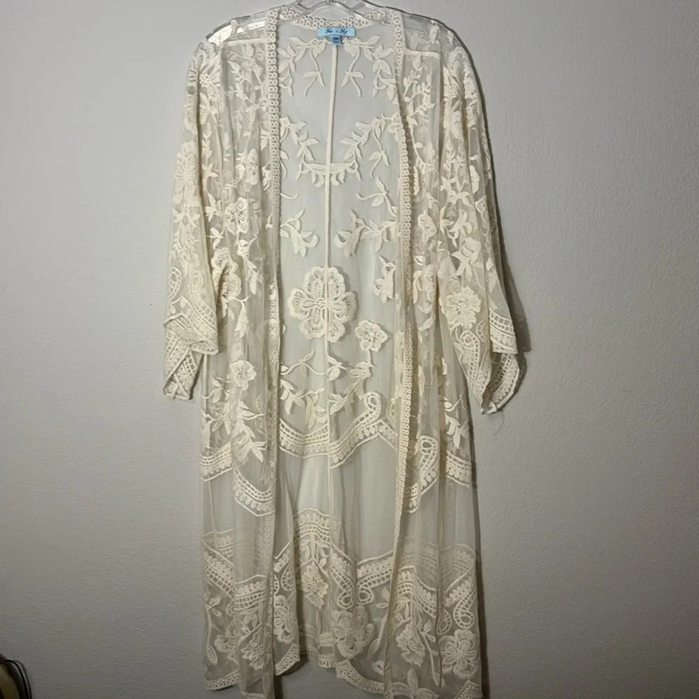 She + Sky Lace Midi Long Kimono Cardigan - Cream - Picture 4 of 8